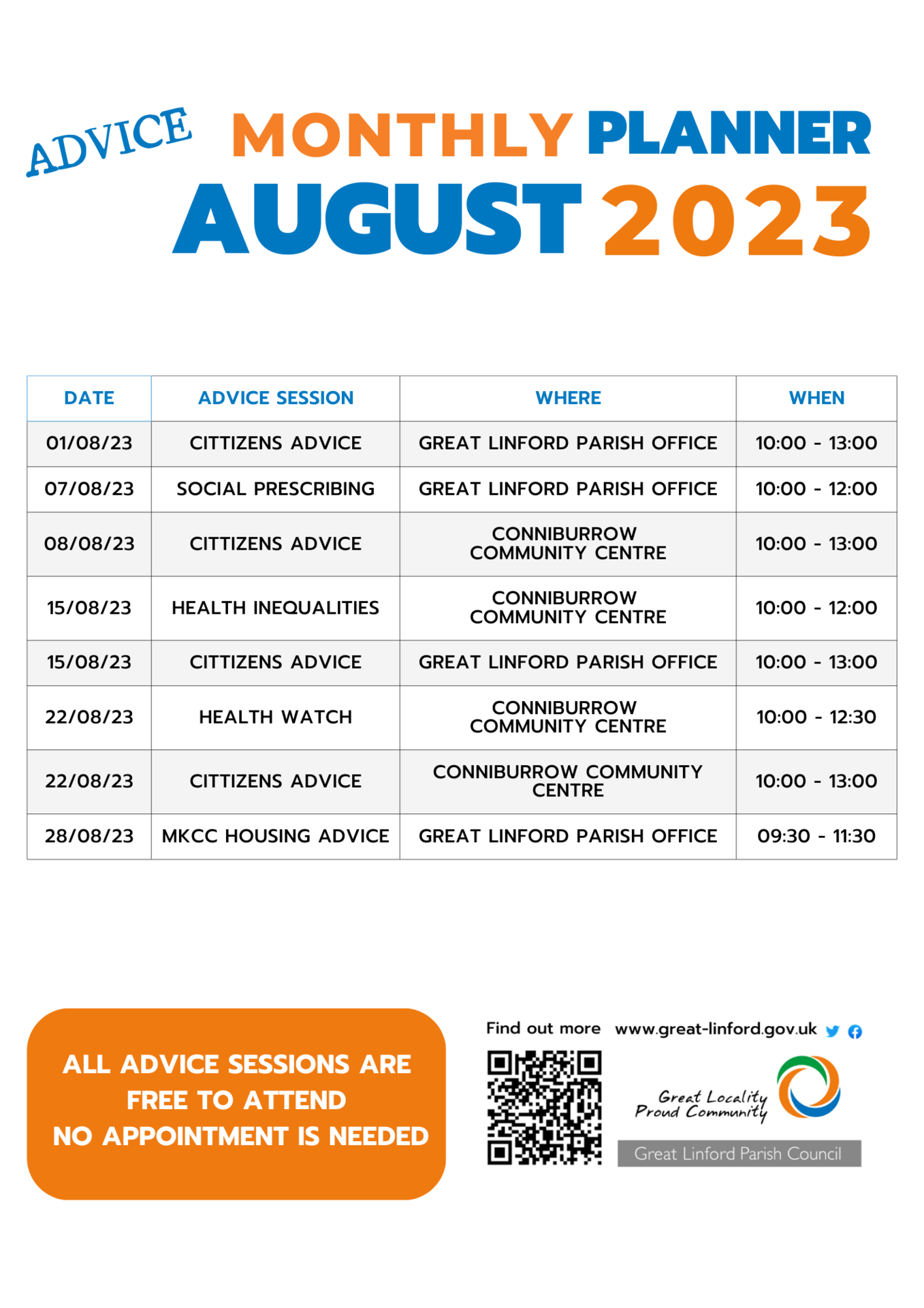 Drop in advice rota for August