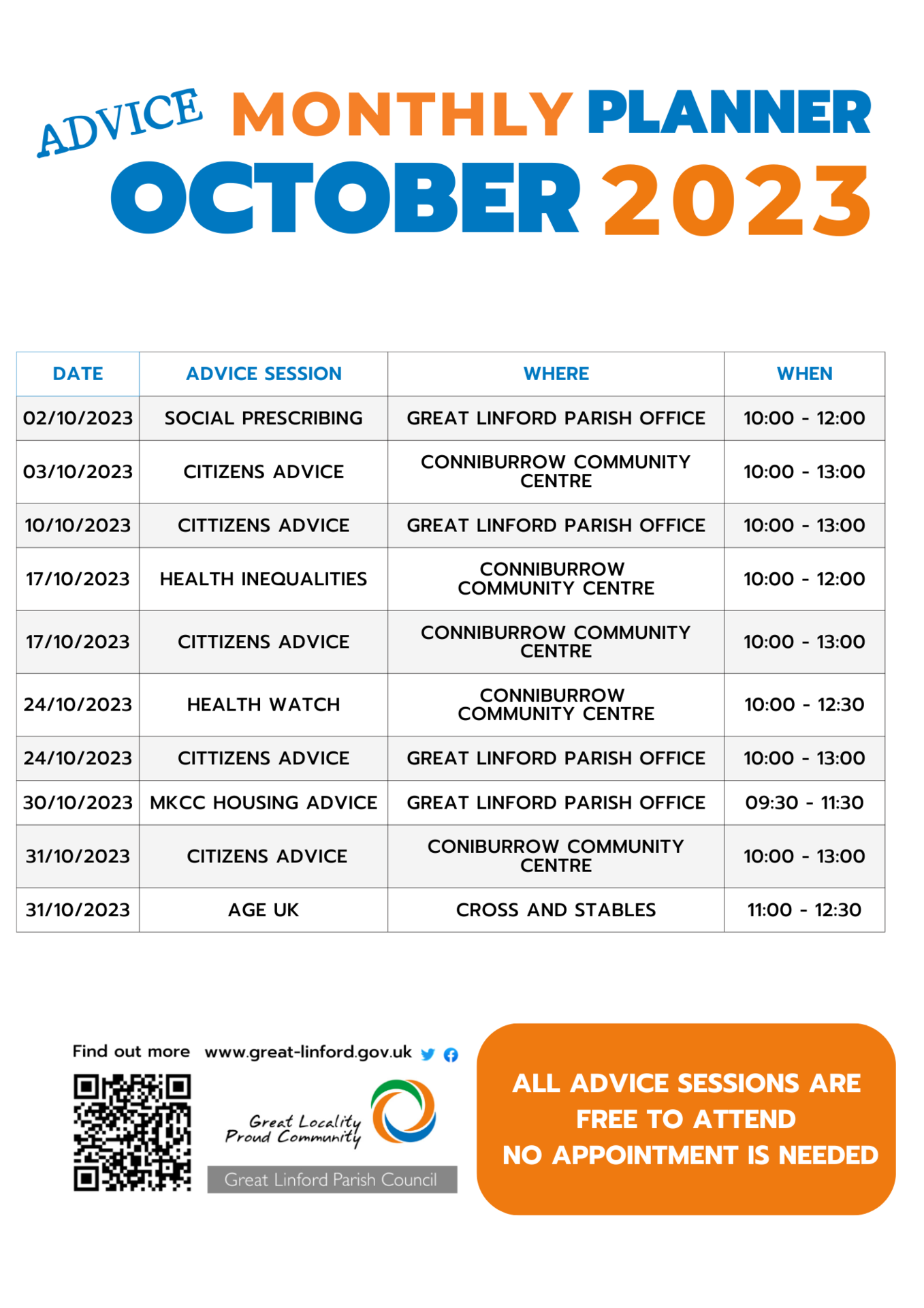 Advice Sessions Rota for October